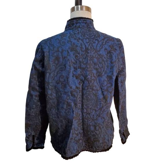 Liz Claiborne Denim Jacket Damask Print Velvet Trim Collar Blue Jean M - Picture 3 of 7